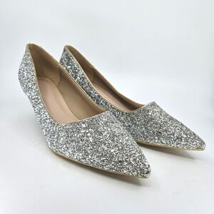 Women's Silver Glitter Pointed Toe Kitten Heels Sparkly Party Evening Shoes Sz 9